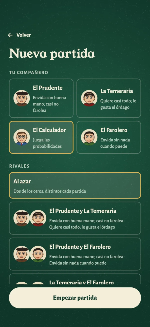 Pantalla de nueva partida: eliges compañero entre los cuatro bots y la pareja de rivales.